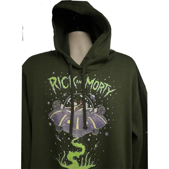 RICK & MORTY Dark Green Hoodie Pullover Sweatshirt XL Stretch Adult Swim Aliens - Picture 4 of 9